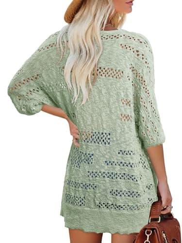KISSMODA Summer Crochet Cream Cardigan for Women Pale Green Boho Kimonos Short Sleeve Hollow Out Open Front Lightweight Cardigans for Greenhouse Visits XXL - Thumbnail 6