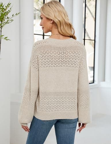 Libsorge Womens Oversized Lightweight V Neck Sweater Spring 2025 Trendy Ladies Dressy Casual Outfits Fashion Clothes Sexy Crochet Knit Hollow Out Long Sleeve Pullover Tops Apricot L - Thumbnail 3