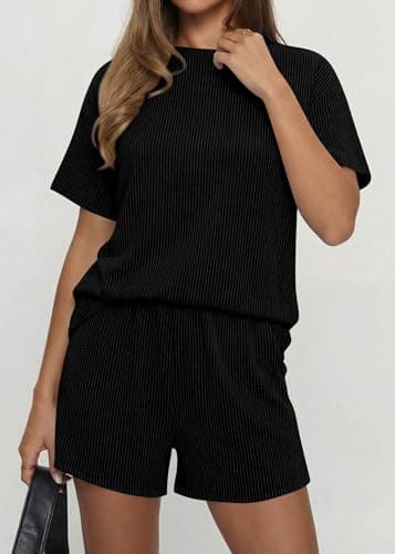 KIRUNDO Two Piece Sets for Women Dressy Casual Ribbed Knit Short Sleeve Top Matching Shorts Lounge Set 2026 Summer Outfits(Black, Medium) - Thumbnail 4