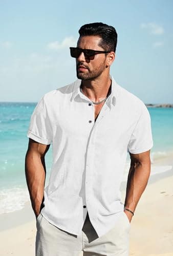 LETSEE Mens Button Down Short Sleeve Shirt Linen Casual Beach Hawaiian Summer Dress Shirts Clothing, White, XXL - Thumbnail 3