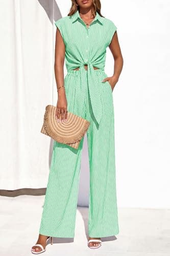 PRETTYGARDEN 2 Piece Sets For Women Summer Striped Button Down Tie Front Crop Tops Wide Leg Pants Floral Lounge Set 2026(Striped Green,Large) - Thumbnail 3