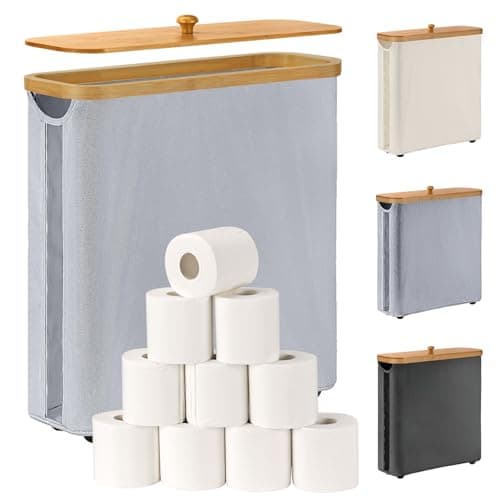 LAYVIC Toilet Paper Storage Basket with Bamboo Lid, Large Storage for Up to 9 Mega Rolls or 12 Regular Rolls, Toilet Paper Organizer for Bathroom (Grey) - Image 1