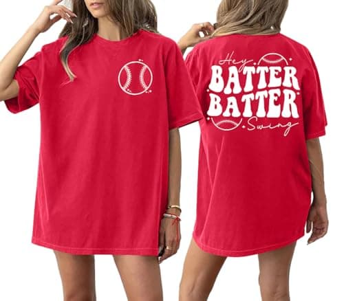 Baseball Shirts Women Oversized: Baseball Mom Tshirt Hey Batter Batter Swing Graphic Tee Ballparks Tops Red - Image 1