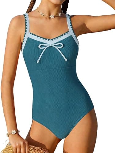 AMAWMW Girls Swimsuits Quick Dry One Piece Bathing Suit Adjustable Straps Padded Swimwear Size 7-16y, Blue, 9-10 Years - Image 1