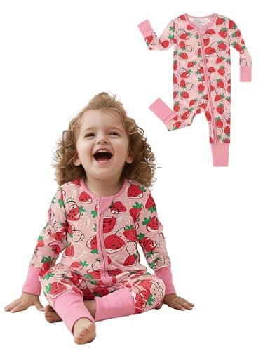 Infant Boys Girls Outfit Clothes Set Newborn Baby Romper Bamboo Long Sleeve Zipper Bodysuit Jumpsuit (Strawberry, 18-24M) - Image 1