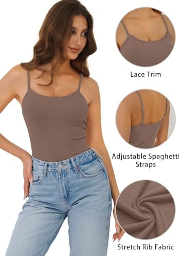 GKBK Women Lace Tank Top Y2K Slim Fit Low Cut Adjustable Spaghetti Strap Sleeveless Camisole Cute Basic Summer Going Out Tops Brown S - Thumbnail 6