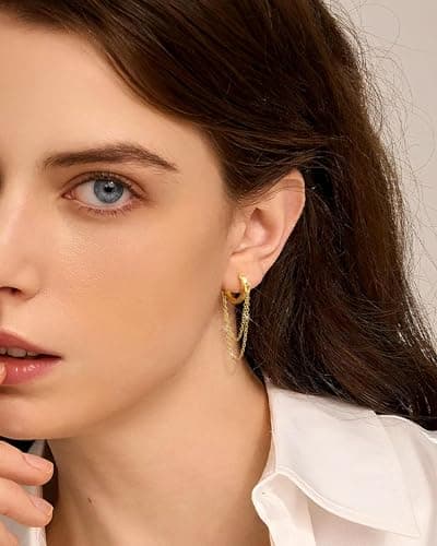 Shownee Gold Chain Earrings for Women - 14K Gold Plated Dangle Huggie Hoop Earring Fashion Jewelry Gifts for Valentines Mother's Day Christmas Birthday 1 PCS - Thumbnail 2