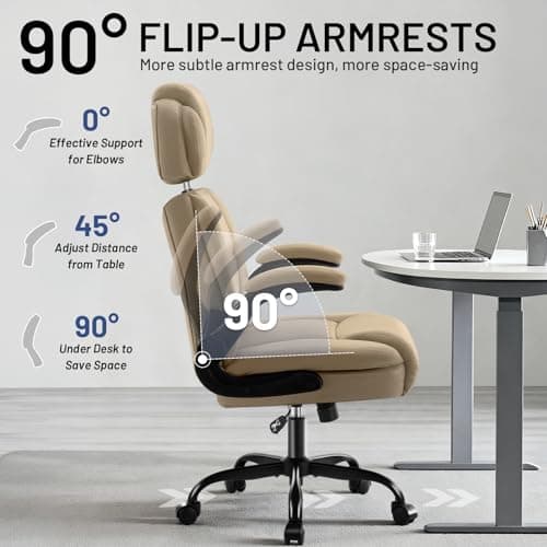 AreShark Ergonomic Office Chair with Lumbar Support, 400lbs Heavy Duty Big and Tall Executive Desk Chair, PU Leather High Back Computer Chair with Flip-Up Arms & Adjustable Headrest, Khaki - Thumbnail 5