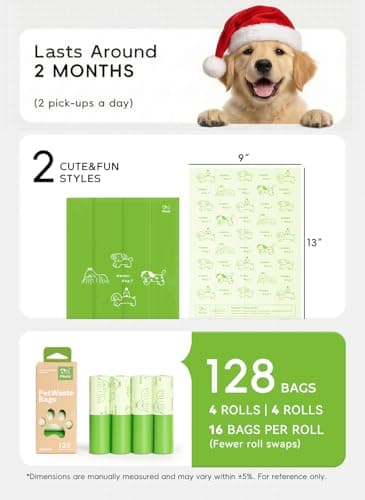 Pikoto Dog Poop Bags Rolls, 128 Count (8 Refills) - 60% Recycled Plastic Unscented - Leak Proof, Extra Thick Waste Bag with Easy-Peel Sticker (Green) - Thumbnail 2