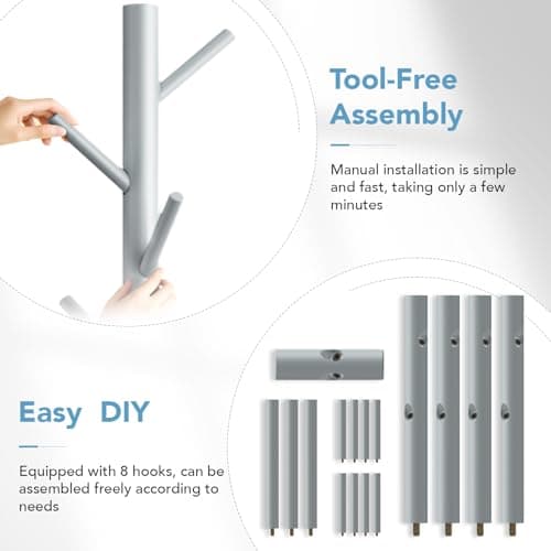 OUTGAVA Wooden Coat Rack Freestanding with 8 Hooks,Easy Assembly New Zealand Pine Tree Coat Racks, 3 Adjustable Sizes for Clothes, Hats, Bags, for Entryway, Hallway, Bedroom, Office (Grey, 1 PC) - Thumbnail 6