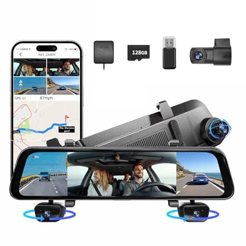 12" Rear View Mirror Camera,4 Channel Mirror Dash Cam Front and Rear Inside,Backup Camera for Cars,5.8GHz WiFi 360 Smart Rearview Camera,APP,GPS,Night Vision Backup Camera, Free 128GB SD Card - Image 1