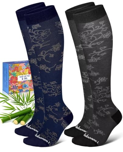 Lalapapa Bamboo Viscose Compression Socks for Women Men - 2 Pairs 15-20mmHg Knee High Graduated Compression Socks for Women Men Cute Breathable for Nurse Pregnancy Travel, Floral Line Art, 2XL - Image 1