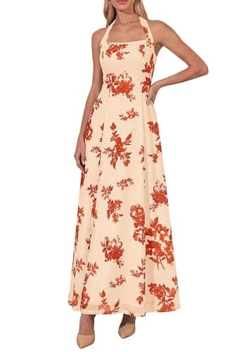 KIRUNDO Women Halter Floral Maxi Dress 2026 Summer Wedding Guest Cocktail Party Sleeveless A Line Beach Vacation Sundress(Apricot, XX-Large) - Image 1