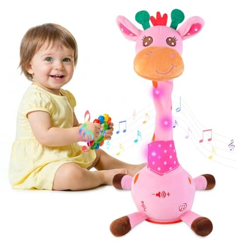 MIAODAM Dancing Giraffe Interactive Toy, Singing 10 Children's Song, Stuffed Baby Toy Repeats What You Say, Christmas Colorful Glowing Plush Interactive Toys for Toddler (Pink Giraffe)