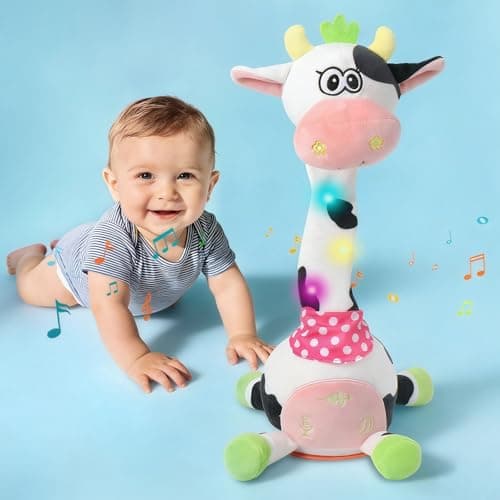 LLUKEME Cute Easter Dancing Cow Plush Toy with Wiggling Neck | LED Lights | Voice Record & Repeat | 10 Children’s Songs | Safe Toy for Boys Girls Age 1-3 | Easter Gifts for Toddlers - Image 1
