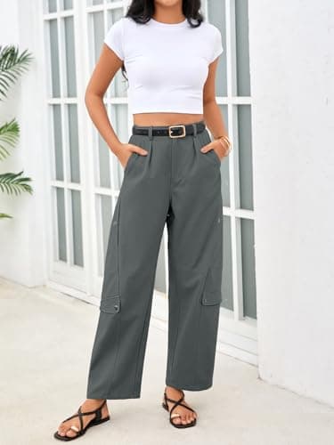 Aoysky Womens Wide Leg Barrel Pants Elastic High Waisted Casual 100% Cotton Utility Trousers with Pockets Loose Fit Grey - Thumbnail 5