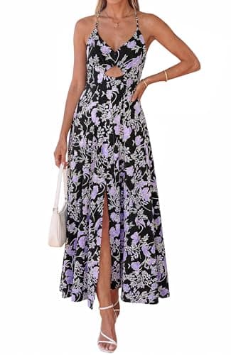 BTFBM Summer Dresses for Women 2026 Spring Floral Spaghetti Strap Smocked Cutout Maxi Dress Resort Beach Vacation Outfit(Floral Black Purple, XX-Large) - Thumbnail 2