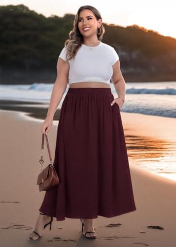 Lastshe Plus Size Maxi Skirts for Women Casual Elastic High Waisted Hide Drawstring Flowy A-line Long Skirt with Pockets,Wine Red,2X - Thumbnail 3
