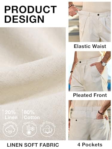 JEMLDL Men's Cotton Linen Shorts 7 Inch Inseam Casual Pleated Summer Vacation Resort Beach Elastic Waist Lightweight Shorts with Pockets Beige Large - Thumbnail 5