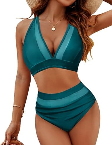 ZAFUL Mesh Trim Bikini Halter Neck Back Tie Backless High Waist Sheer Panels Tummy Control Neon Resort Wear Peacock Blue M - Image 1
