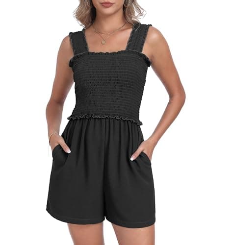 QIXING Women's Summer Casual Rompers Dressy Smocked Loose Comfy Short Jumpsuits Vacation Outfits With Pockets Black-S - Image 1