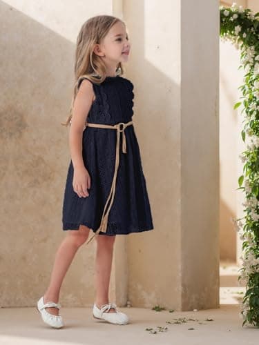 ALLOVIN Toddler and Girls Vintage Boho A-Line Lace Dress with Belt Pom Pom Trim Birthday Party Dress | Navy Blue | 10-11Y - Thumbnail 4