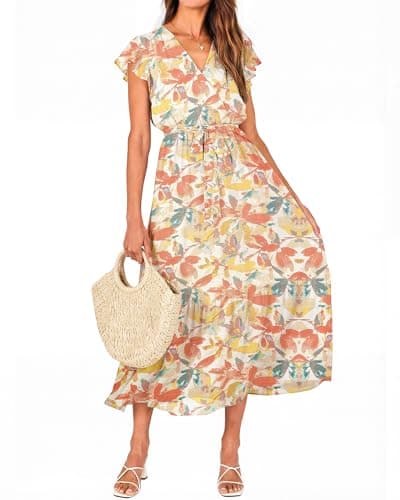 BTFBM Women Summer Bohemian Floral Casual Wrap V Neck Ruffle Cap Sleeveless Belt A-Line Pleated Hem Swing Midi Sun Dress(White Big Flower,Medium) - Image 1