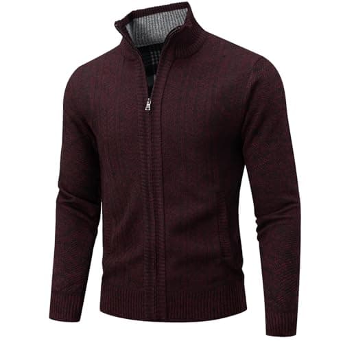 AKuVoL Men's Zip Up Sweater Cardigan Slim Fit Long Sleeve Stand Collar Casual Zippered Sweaters with Pockets Wine Red L - Image 1