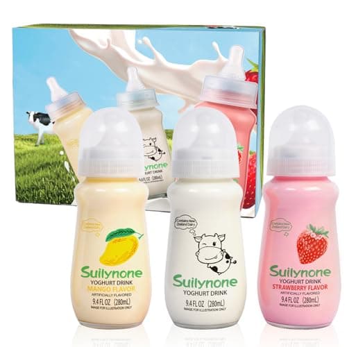 280ml Yogurt Drink Reusable Glass Bottle, 3-Pack Mixed Flavors Drinkable Yogurt - Fun Gift Box, Birthday & Holiday Present.