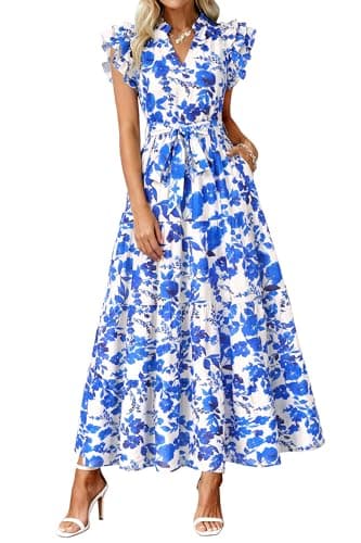dowerme Women Summer Maxi Dresses 2026 Ruffle Sleeve V Neck Floral Boho Long Dress Belted Tiered Sundress with Pockets(White Blue Flower,Medium) - Image 1
