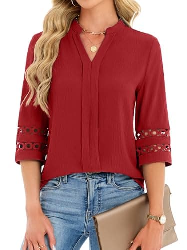 Funlingo 3/4 Sleeve Tops for Women Dressy Casual Blouses Spring Trendy V Neck Lace Pleated Work Shirts Business Casual Outfits 2026 Red L - Image 1