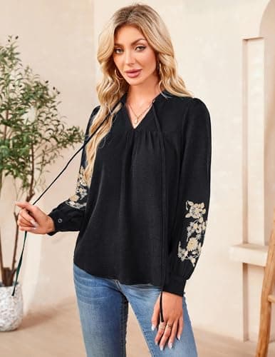 LOOKBOHO Women's Floral Embroidered V-Neck Puff Long Sleeve Casual Tops Fashion Boho Mexican Shirts Fall Blouses 2025 M - Thumbnail 5