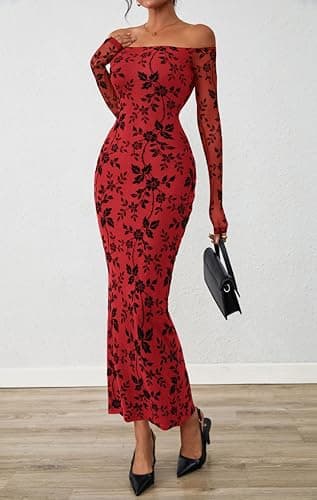 PRETTYGARDEN Womens Off The Shoulder Floral Maxi Bodycon Dress Fall Long Sleeve Mesh Fitted Long Formal Wedding Guest Dresses(Red,Medium) - Thumbnail 4