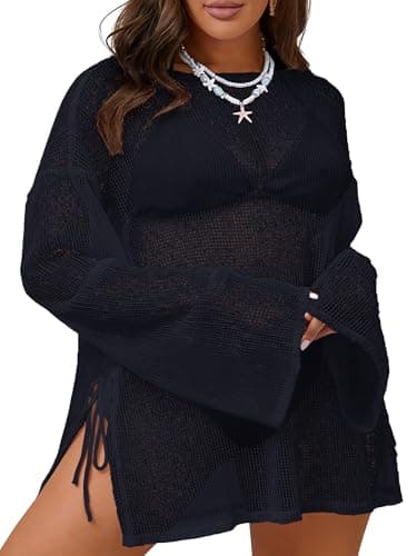 MK Shop Limited Plus Size Swimsuit Coverup for Women Sexy Crochet Bathing Suit Cover Up Mesh Sheer Summer Curvy Kaftan Beach Dress 2026 Navy Blue 5XL - Image 1