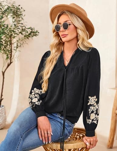 LOOKBOHO Women's Floral Embroidered V-Neck Puff Long Sleeve Casual Tops Fashion Boho Mexican Shirts Fall Blouses 2025 M - Thumbnail 4