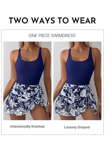 Aleumdr One Piece Bathing Suit for Women 2026 Fashion Tummy Control Swimsuit Printed Round Neck Swimdress Tie Knot Skirt Backless Swimwear Slimming Beachwear Navy Blue Small - Thumbnail 5