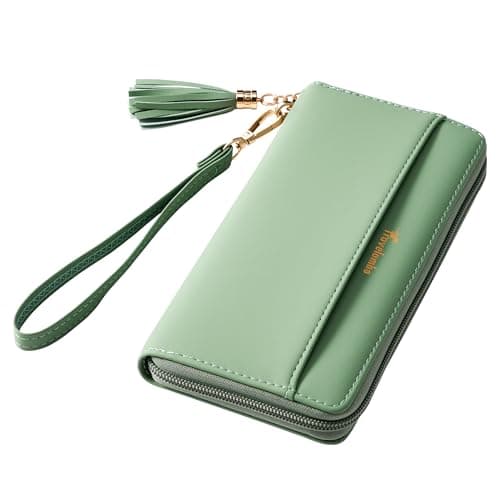 Travelambo Womens Wallet Tassel Bifold Ladies Clutch Wristlet Wrist strap Long Purse (Access Green Blooming) - Image 1