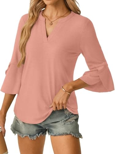 GKBK Women's Blouses Ruffle 3/4 Sleeve Dressy Top V Neck Casual Tunic Blouses Business Shirts Pink L - Thumbnail 5