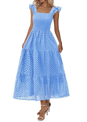 Lazysmile Womens Summer Maxi Dress Square Neck Ruffle Cap Sleeve Hollow Out Eyelet Smocked Tiered A Line Boho Sundress Light Blue - Image 1