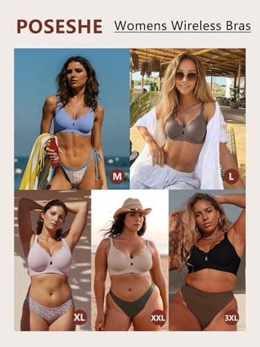POSESHE Womens Comfortable Wave Wireless Bras Push Up Seamless Bralettes Soft V Neck Brassiere Scalloped Full Coverage Everyday Basic Bra Black - Thumbnail 4