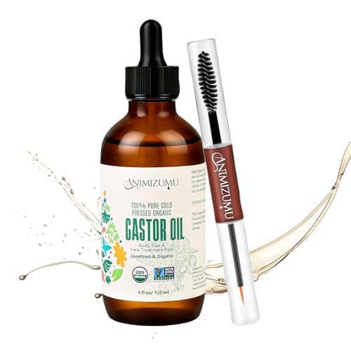 ANIMIZUMU Castor Oil 100% Pure Organic Cold-pressed Unrefined USDA Certified Organic Hexane-free Extra Virgin Used for Hair Growth Eyebrows Eyelashes Skin and Castor Oil Glass Bottles Pack (4fl oz)