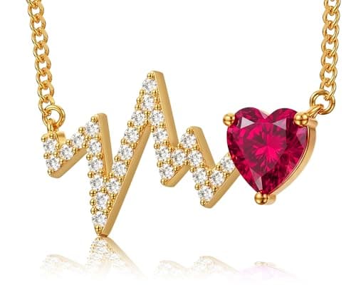 Helirose Heartbeat Heart ECG Pendant Necklace for Women, Dainty 18K Gold Plated Jewelry, Hand-set Cubic Zirconia, 19" Adjustable Chain, Mother's Day, Graduation, Anniversary, Daughter & Birthday Gifts (Red) - Image 1