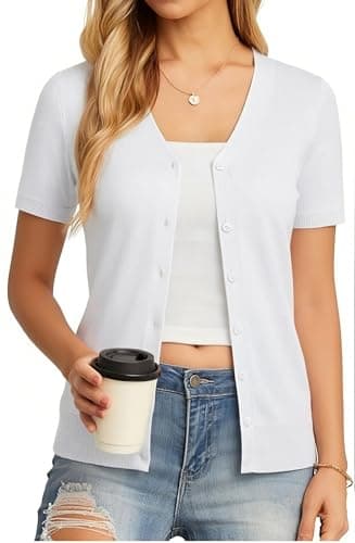 GRACE KARIN Women White Cardigan Spring Short Sleeve Cropped Cardigan Sweater Light Weight Summer Cardigan Women Clothing Outfits (Bright White,M) - Image 1