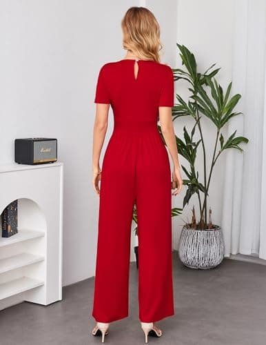 LOOKBOHO Women Jumpsuits 2026 Short Sleeve V Neck Rompers Waist High Waist Wide Leg Pants Dressy Casual One Piece Outfit Red XL - Thumbnail 3