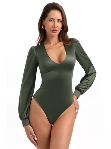 PINKMSTYLE Womens Sexy Silk Plunge V Neck Bodysuit Puff Satin Long Sleeve Blouse Going Out Outfit Army Green Small - Image 1