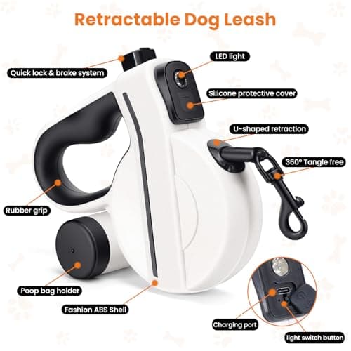 COSOWO Retractable Dog Leash, Chew Proof & Heavy Duty, with USB Charged LED Light & Reflective Tape, 16FT Tangle-Free Pet Lead with Poop Bag Holder, for Dogs Walking Running Night Safety, Black - Thumbnail 6