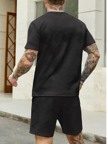 JEMLDL Mens Short Sleeve T-Shirt Shorts 2 Piece Set Summer Jacquard Casual Lounge Sets Comfort Fashion Outfit Sweatsuit Black XL - Thumbnail 2