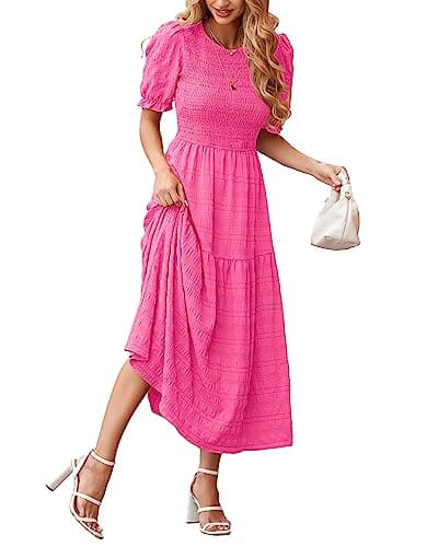 dowerme Womens Summer Dresses 2026 Casual Puff Short Sleeve Crewneck Smocked Flowy Ruffle Boho Beach Party Maxi Sundress(Rose Pink,Medium) - Image 1