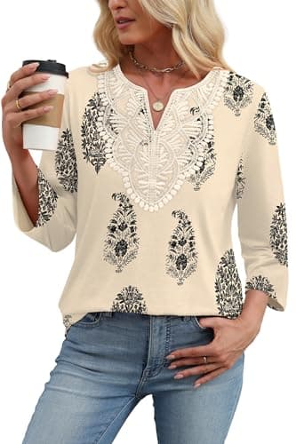 WIHOLL Hawaiian Shirts for Women Cruise Outfits for Women 2026 Resort Wear Business Casual Outfits 3/4 Sleeve Spring Tops Fall Clothes Winter Clothing Boho Fashion Vacation Tees Apricot XL - Thumbnail 3