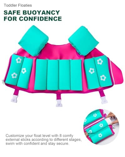 AEOCOO Kids Pool Floaties 1-2-3-5-7-9 Years Old, Toddler Swim Vest 20-30-50-70 Pounds, Comfortable Extended Wear Kids Float Jacket with Crotch Strap, Bright Design and Unpadded Sides, Pink - Thumbnail 5